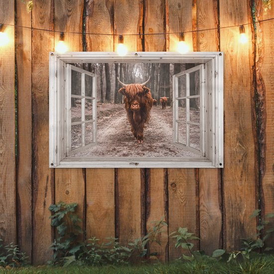 Een open raam met uitzicht op een Schotse hooglander op een bosweg, opgehangen aan een houten wand met kerstverlichting.