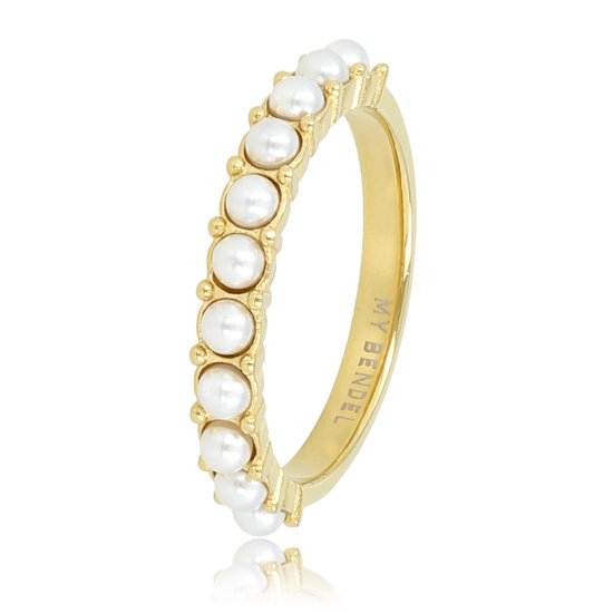My Bendel - Ring goudkleurig met kleine witte parels - Goudkleurige aanschuifring met kleine witte parels - Met luxe cadeauverpakking