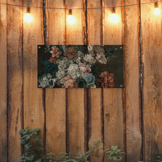 Affiche de jardin Nature morte aux fleurs - Peinture de Cornelia van der Mijn - 80x40 cm - Décoration murale Extérieur - Affiche de jardin - Toile de jardin - Affiche de clôture - Peinture de jardin