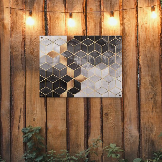 Tableau jardin Abstrait - Cube - Goud - Motifs - Zwart - Wit - 80x60 cm - Affiche jardin - Toile jardin - Affiche extérieur