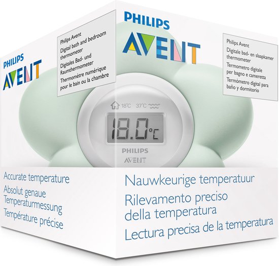 Philips Avent digitale bad- en babykamerthermometer in verpakking. Lichtgroene bloemvorm met display.