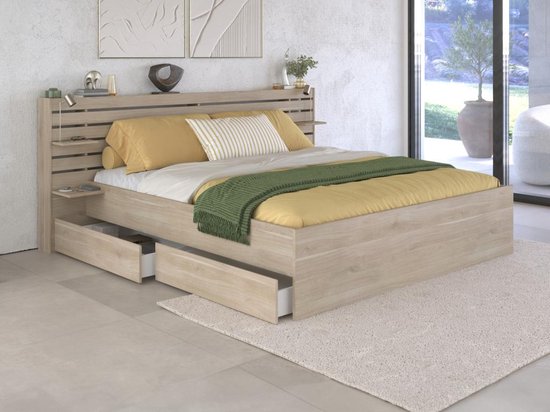 Bed met opbergruimte – 180 x 200 cm – Kleur: houteffect – TENALIA L 235.4 cm x H 98.2 cm x D 216.8 cm