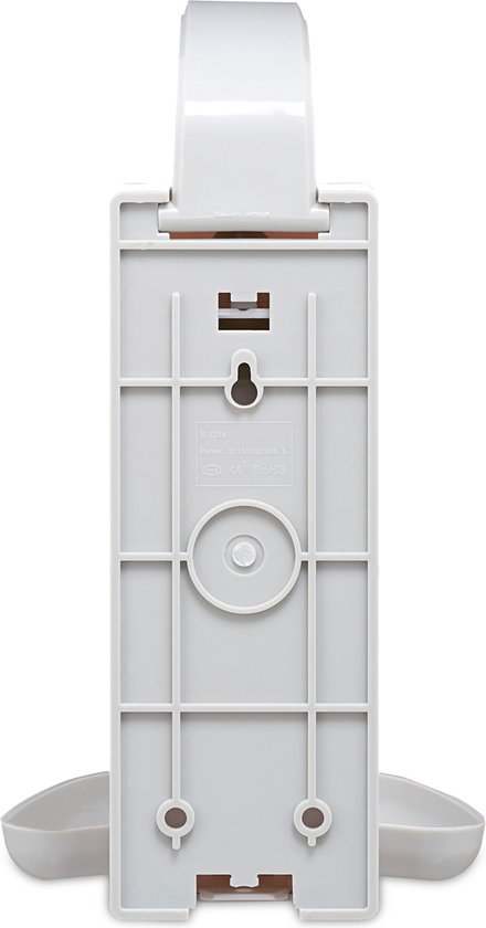 Achterkant van een witte zeepdispenser, met montagegaten en merktekens.