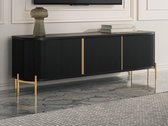 Tv-meubel met 3 deurtjes van mangohout en metaal - Zwart en goudkleurig - BALIMELA L 159 cm x H 50 cm x D 41.6 cm