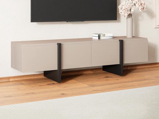 Tv-meubel met 4 deuren van mdf - Beige en zwart - LUVONIA L 180 cm x H 50 cm x D 45 cm