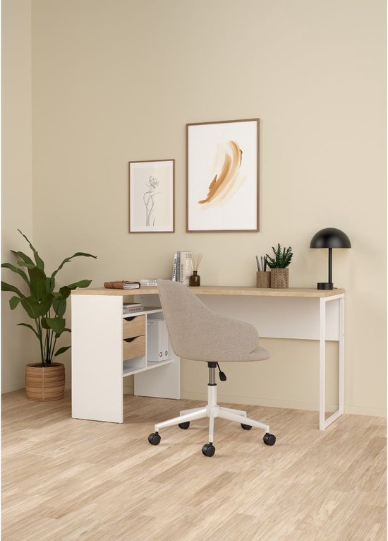 Bureau d'angle FunctionPlus 3 étagères 2 tiroirs décor noyer blanc.