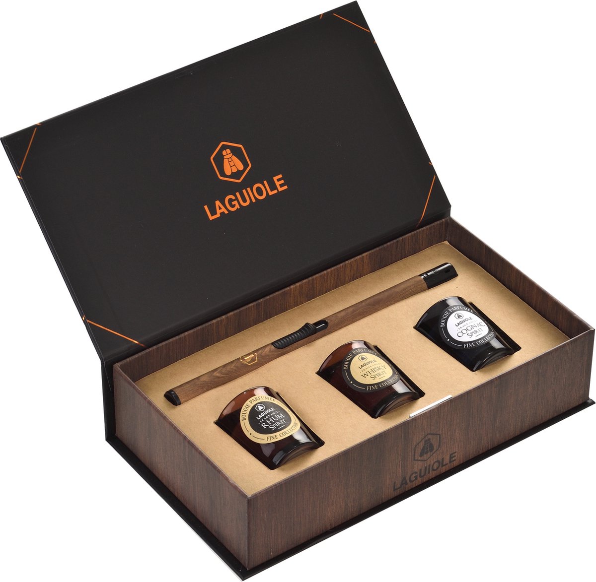 Prof-Fire | Laguiole Geurkaarsen - Mooie Geschenkdoos - 3 Luxe Kaarsen met Mooie Aansteker - Zachte Geur van Whisky - Cognac - Rum