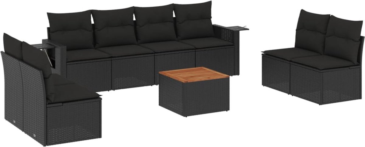vidaXL 9-delige - Loungeset - met - kussens - poly - rattan - zwart