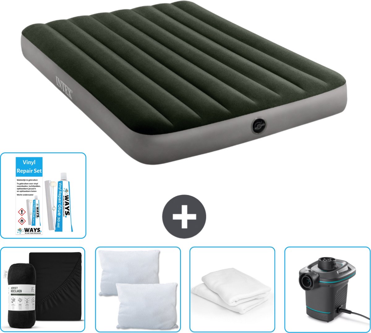 Intex Luchtbed - Twijfelaar - 137 x 191 x 25 cm - Groen - Inclusief Hoeslaken - Kussen - Pomp - Reparatieset en Kussenbeschermer