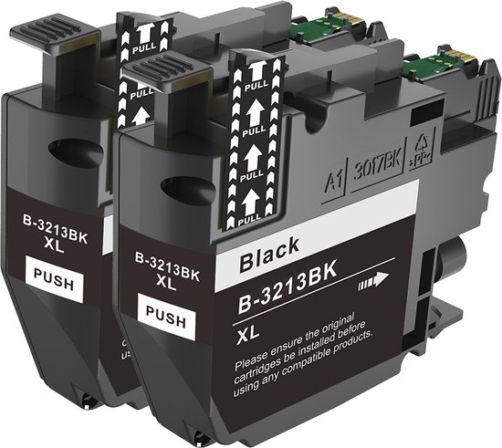 Twee zwarte "B-3213BK XL" inktcartridges voor Brother printers, met "PULL" en "PUSH" markeringen.