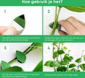 Guide étape par étape pour l'utilisation de clips autocollants pour plantes: retirer l'autocollant, placer le clip sur la tige, ajuster, répéter. Avec texte néerlandais.