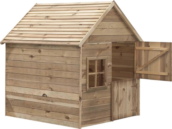 Houten speelhuisje met schuin dak en open deur.