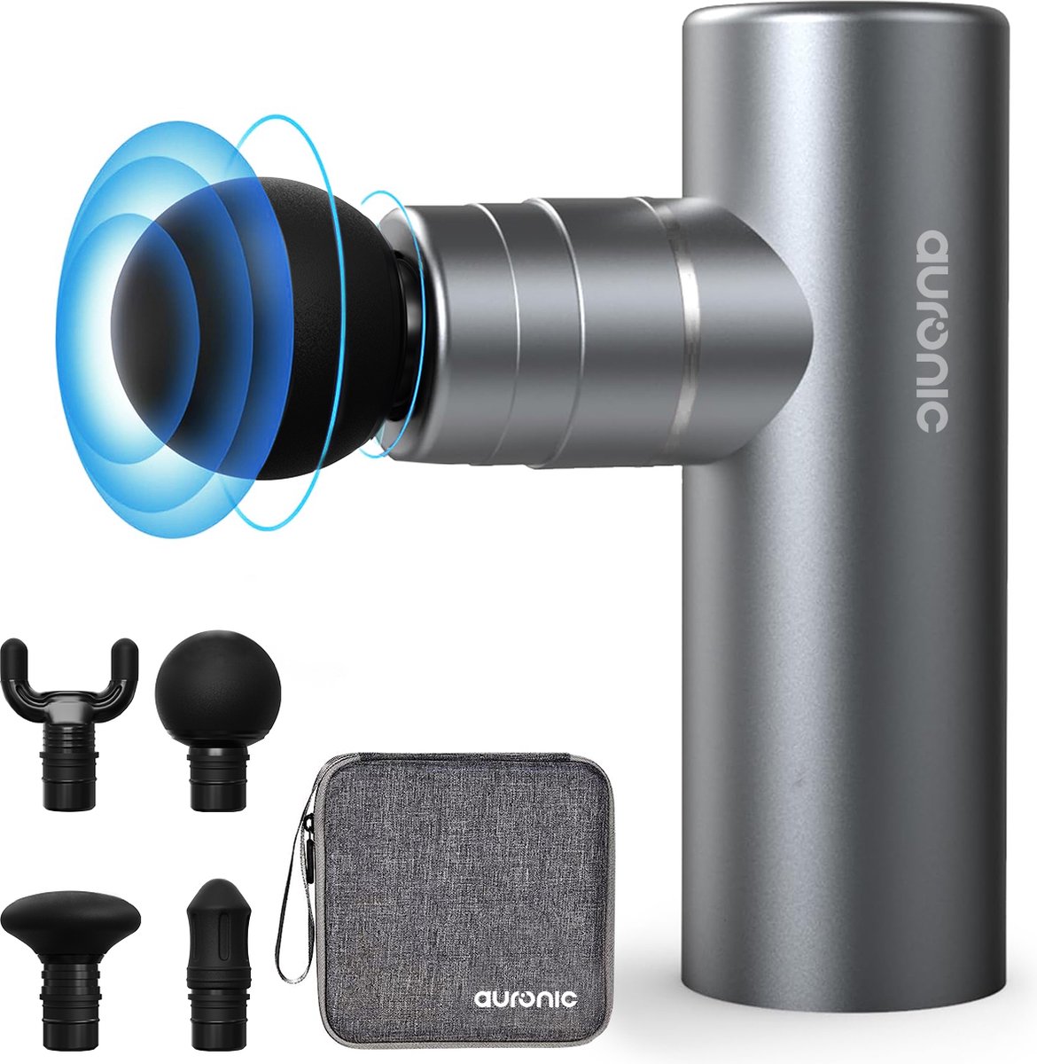 Auronic Massage Gun voor Spierherstel en Ontspanning - Met Koffer en 4 Opzetstukken - Professioneel Massage Pistool - Massage Apparaat voor Rug, Nek, Schouders en Meer - Mini - Fitness - Grijs