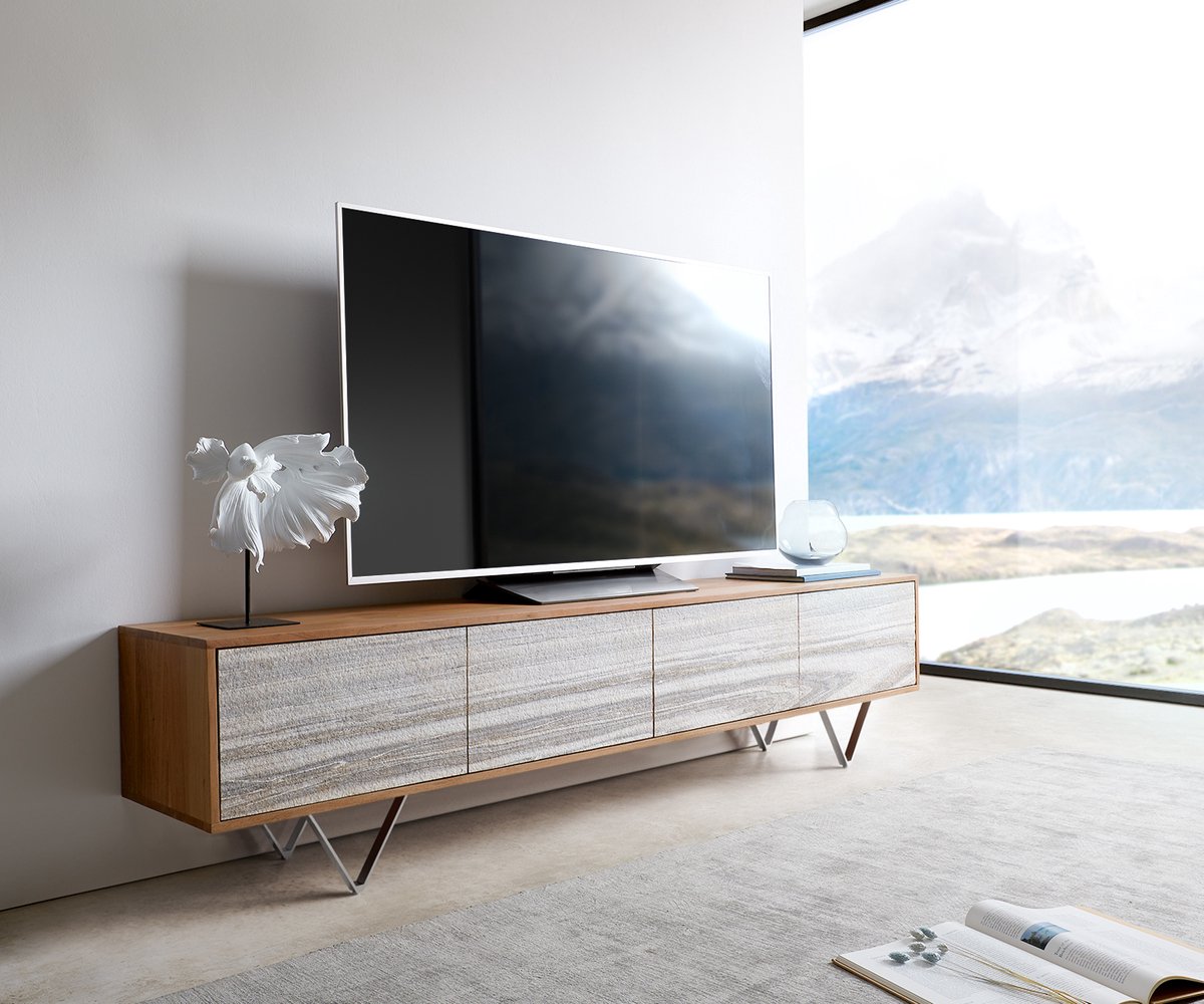 DELIFE TV-meubel Kleo acacia natuur 200 cm 4 deuren V-poot RVS Lowboard Bruin