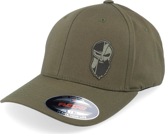 Hatstore- Bearded Army Skull Wooly Combed Olive Flexfit - Army Head Cap