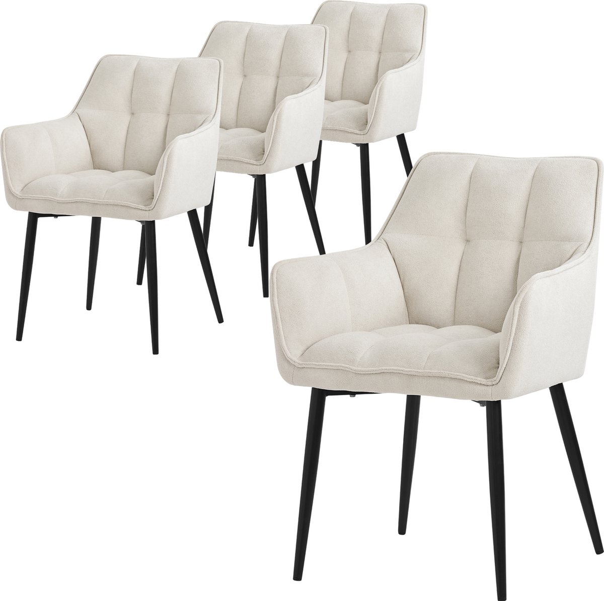 ml-design eetkamerstoelen set van 4 in badstof, crème, keukenstoel met dikke gestoffeerde zitting en metalen poten, woonkamerstoel met rugleuning en armleuningen, ergonomische loungestoel Cream
