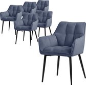 ML-Design eetkamerstoelen set van 6 in badstof, blauw, keukenstoel met dikke gestoffeerde zitting & metalen poten, woonkamerstoel met rugleuning en armleuningen, ergonomische loungestoel