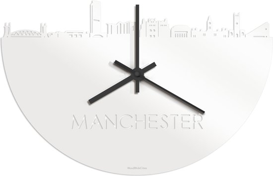 Skyline Klok Manchester Wit Glanzend - Ø 40 cm - Stil uurwerk - Wanddecoratie - Meer steden beschikbaar - Woonkamer idee - Woondecoratie - City Art - Steden kunst - Cadeau voor hem - Cadeau voor haar - Jubileum - Trouwerij - Housewarming -