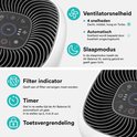 Functies Rolfstone luchtreiniger: 4 snelheden, automatische stand, slaapmodus, filter indicator, timer en toetsvergrendeling.