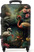 NoBoringSuitcases.com - Koffer - Bloemen - Flamingo - Tropische bladeren - Natuur - Roze - Reiskoffer - 72 liter - Grote koffer - 20 kg bagage - Trolley op wieltjes - 66 cm - Handbagage - Lichtgewicht - Hardcase koffer - TSA slot