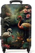 NoBoringSuitcases.com - Koffer - Bloemen - Flamingo - Tropische bladeren - Natuur - Roze - Reiskoffer - 60 liter - Grote koffer - 20 kg bagage - Trolley op wieltjes - 66 cm - Handbagage - Lichtgewicht - Hardcase koffer - TSA slot