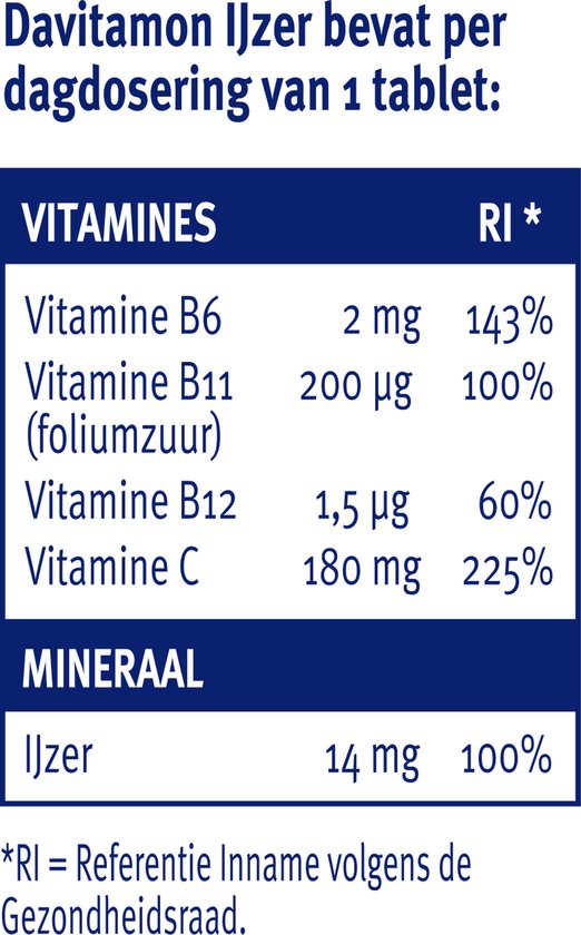 Davitamon Ijzer met vitamine B12 - Draagt bij aan het verminderen van vermoeidheid - Voedingssupplement met ijzer en vitamine B12 - 33 ijzer tabletten