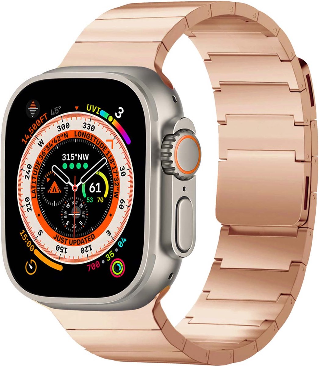 Selencia Bandje Geschikt voor Stalen magnetisch bandje voor de Apple Watch Bandje Series 1 / 2 / 3 / 4 / 5 / 6 / 7 / 8 / 9 / SE / Ultra (2) - 42 / 44 / 45 / 49 mm - Selencia Stalen band - Rosé Goud