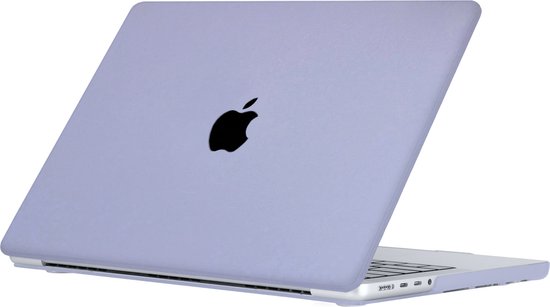 Paarse MacBook Air hoes, met Apple logo, van voren schuin gefotografeerd.