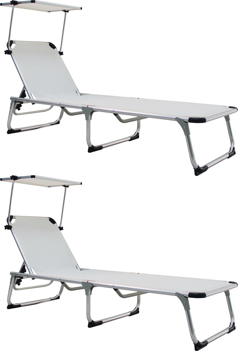 GENERIC - Set van 2 ligstoelen AZUR - 2 x tuinligstoelen met 5-voudig verstelbare rugleuning - Opklapbare ligstoelen - Ligstoel met zonnekap - L188xB61xH30 cm - Aluminium - Textilene - Wit