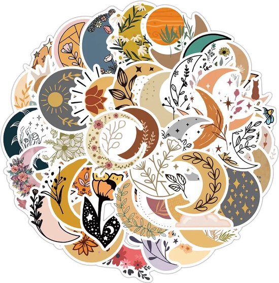 Maan Stickers 50 Stuks | Moon Stickers | Bloemen | Laptop Stickers | Scrapbook | Watervaste Stickers | Stickers Kinderen | Stickers Volwassenen | Stickervellen | Plakstickers | Koffer Stickers | Bullet Journal | Planner Stickers