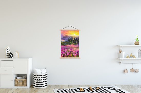 Posterhanger incl. Poster 60x90 cm - Schoolplaat - Schilderij - Olieverf - Bloemen - Natuur - Zon - Textielposter - Blanke latten