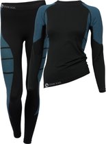 Dames sportset - Thermo - Sportshirt met lange mouwen - Sportlegging lang - Quick Dry - Zwart/Turquoise - Maat L/XL