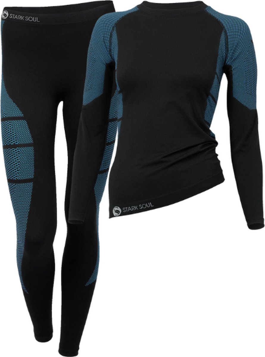 Dames sportset - Thermo - Sportshirt met lange mouwen - Sportlegging lang - Quick Dry - Zwart/Turquoise - Maat L/XL - Stark Soul