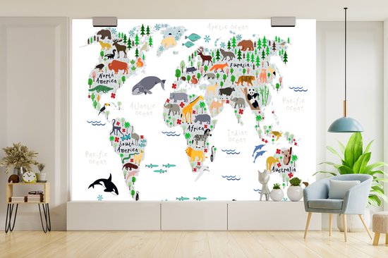 Papier peint - Papiers Papier peint photo Wereldkaart - Enfants - Animaux - Plantes - Largeur 375 cm x Hauteur 280 cm