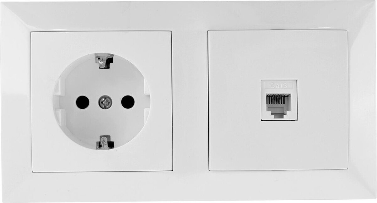 Telefoon Contactdoos - Wandcontactdoos - Inbouw - 1-voudig Stopcontact - 1-voudig Telefoon - Randaarde - Incl. Afdekraam - Wit