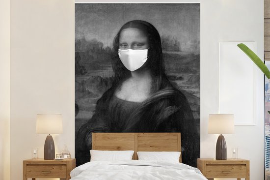 Behang - Fotobehang Mona Lisa met een blauw mondkapje - schilderij van