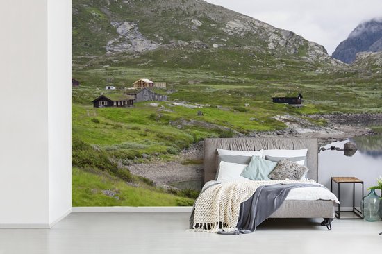 Chalets près d'un lac en Norvège fotobehang