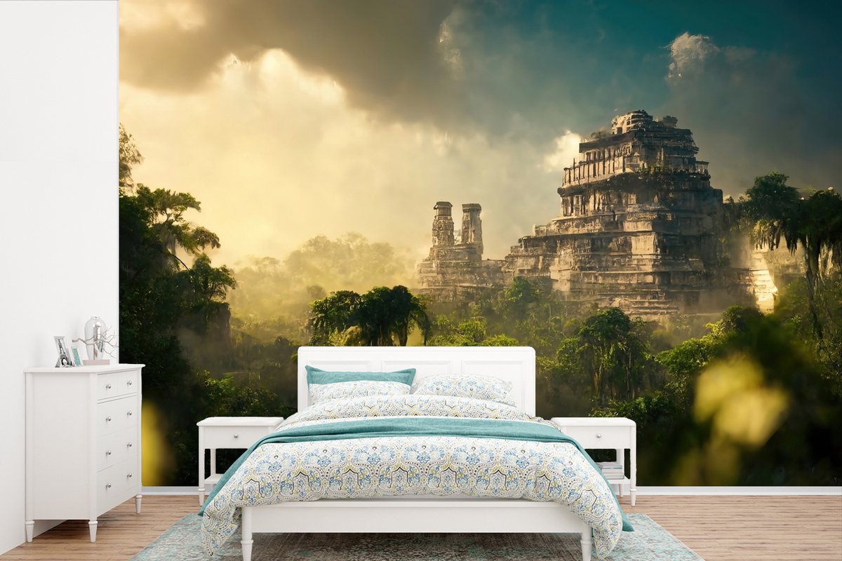 Behang - Fotobehang Tempel - Jungle - wolken - Lucht - Natuur - Breedte 390 cm x hoogte 260 cm
