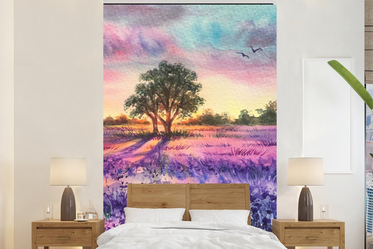 Behang - Fotobehang Lavendel - Verf - Vogels - Bomen - Paars - Breedte 155 cm x hoogte 240 cm