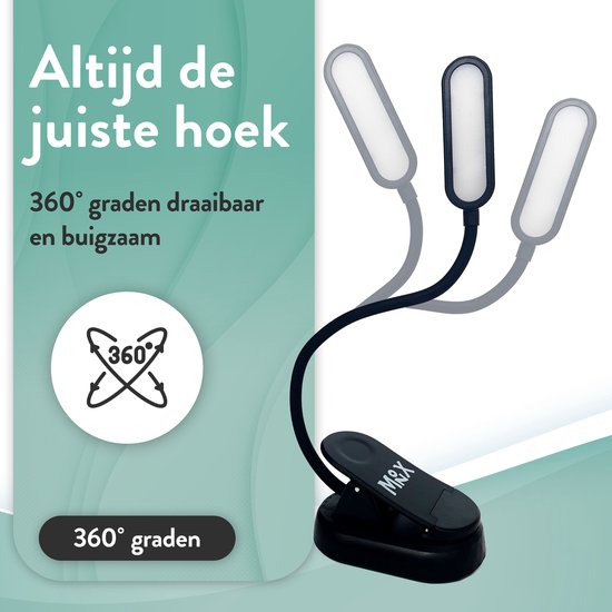 Monx Leeslamp - Draadloos USB Oplaadbaar Leeslampje Met Klem - 3 Lichtstanden - Accu voor 36 uur - Flexibel - Leeslampje voor Boek, Slaapkamer, Bed, E-reader, Kindel, Kobo, PC, Laptop, Muziek - Inclusief USB kabel - Zwart van Monx — afbeelding 5