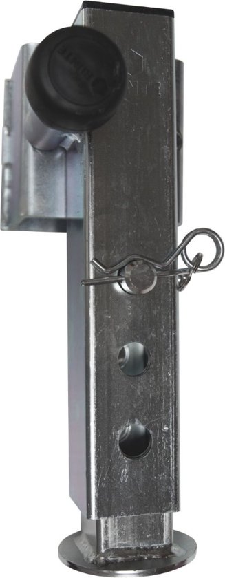 Zilverkleurige kantelbare steunpoot met kogelknop en metalen ketting, staand op een platte voet.
