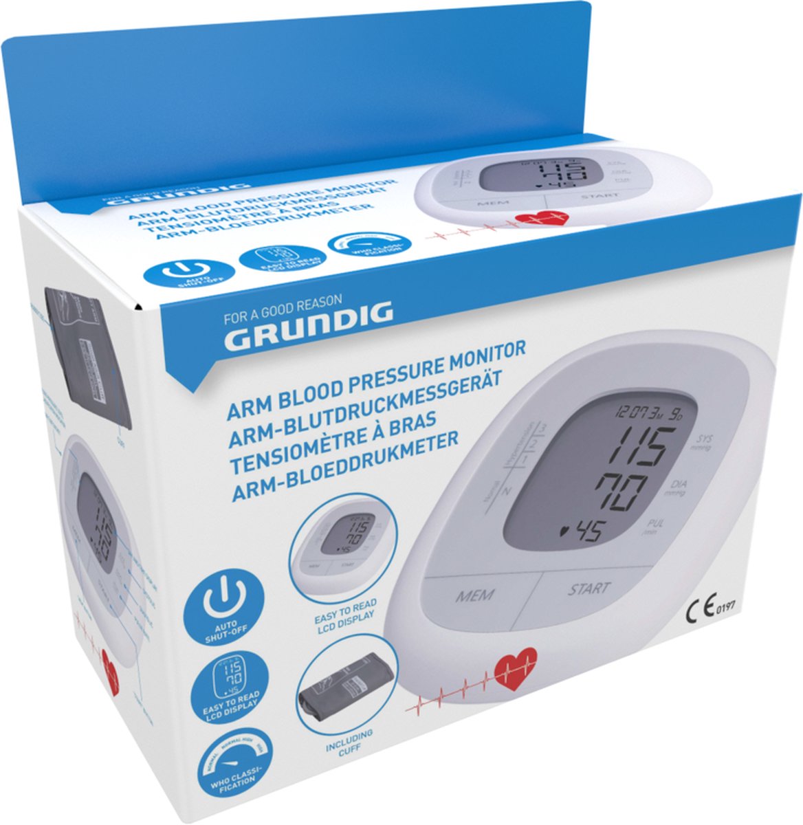 Grundig Bloeddrukmeter Bovenarm - Bloeddruk en Hartslag - LCD Scherm - Incl. Manchet - Wit