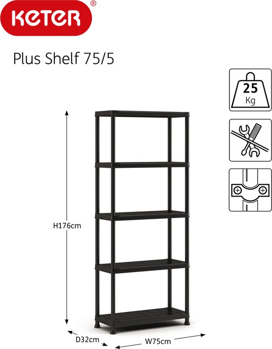 Keter Plus shelf 75/5 - 5 Planken - 75x32x176 cm - Zwart bol.com