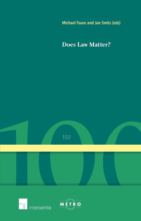Boekomslag met titel 'Does Law Matter?' door Michael Faure en Jan Smits. Groen met gele streep en cijfer 100.
