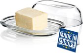 CRYSTALIA Glazen boterschotel met deksel, 100% loodvrij klassiek ontwerp grote boterbesparing, boterdeksel voor standaard boterstok afmetingen boter glazen dienblad vaatwasmachinebestendig