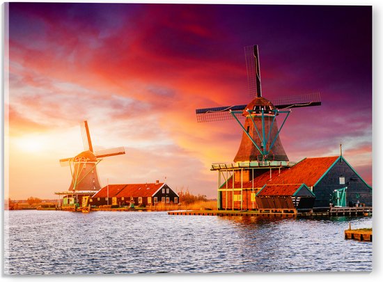 Acrylglas - Nederlandse Windmolens aan het Water onder Paars met Oranje Lucht - 40x30 cm Foto op Acrylglas (Met Ophangsysteem)