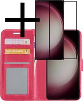 Hoes Geschikt voor Samsung S23 Ultra Hoesje Book Case Hoes Flip Cover Wallet Bookcase Met Screenprotector - Donkerroze