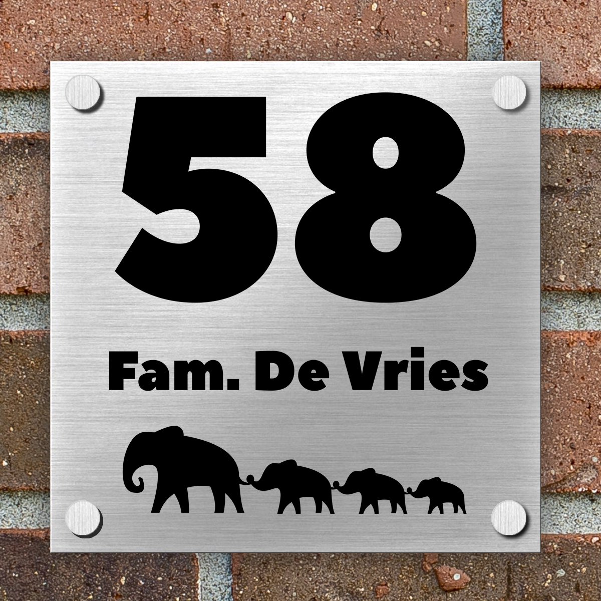 Naambordje Voordeur - OLIFANT - Complete Set - Inclusief Gratis RVS Bevestigingsset met afstandhouders - 15x15 cm - Naambordjes Huis - Huisnummerbord - Bordje nummer - Huisnummer - Brushed Aluminium
