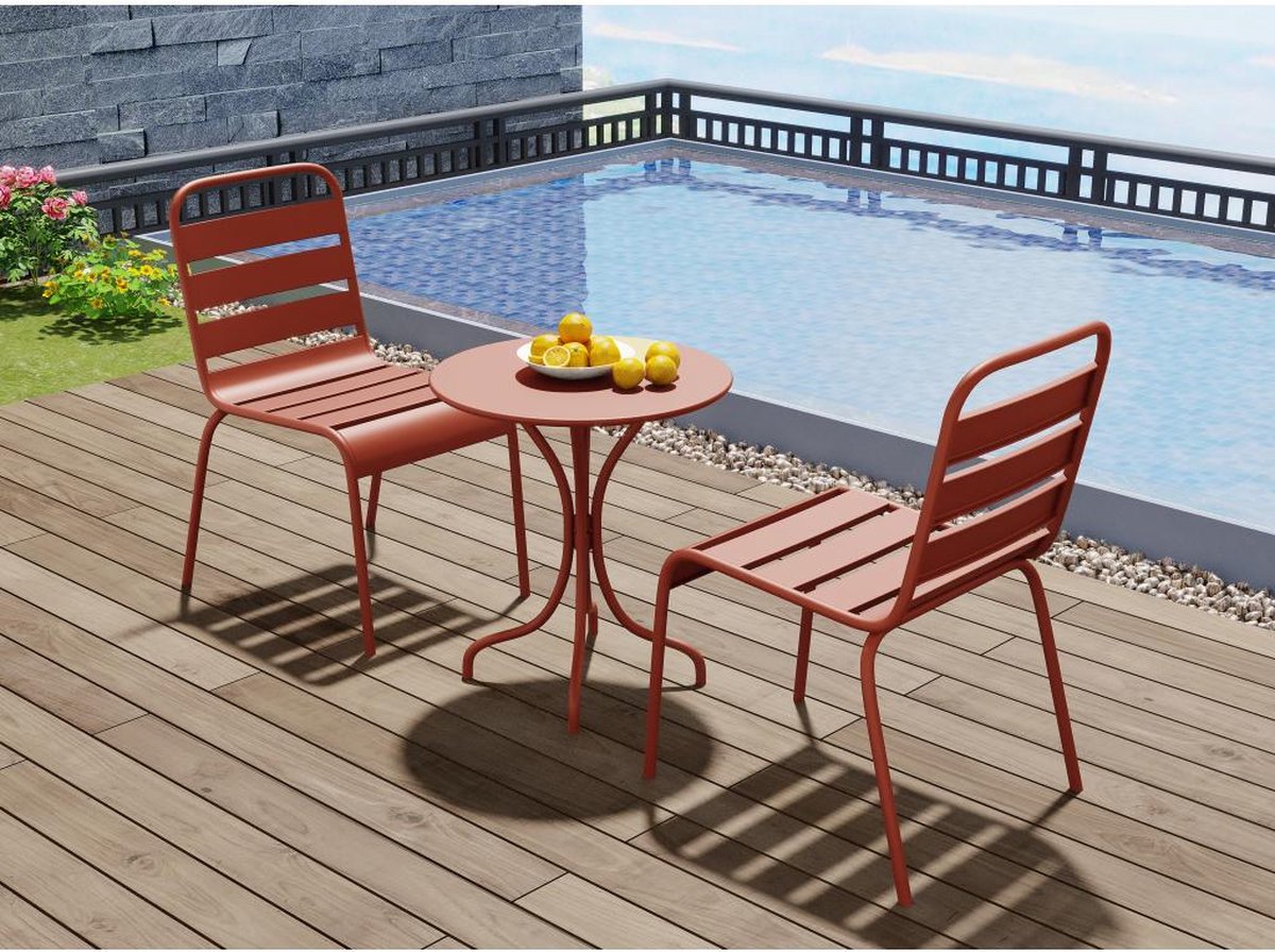 MYLIA Tuineethoek van metaal - Een tafel D60 cm en 2 opstapelbare stoelen - Terracotta - MIRMANDE L 60 cm x H 79 cm x D 60 cm