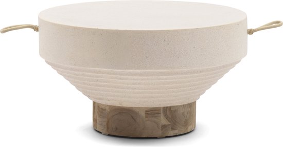 Riviera Maison Bijzettafel buiten - Jimbaran Outdoor Coffee Table Dia 60 - Fiberglass, Teakwood - Beige / wit zand